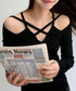 オフショルダーTシャツ クロスストラップ タイトトップス レディース 指穴付き フィットカットソー セクシー 肌見せインナートップス 着やせ 肩出しtシャツ 薄手 2YIKE-010