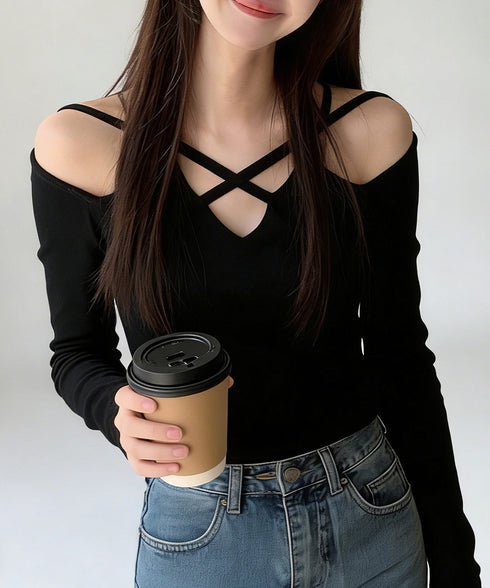 オフショルダーTシャツ クロスストラップ タイトトップス レディース 指穴付き フィットカットソー セクシー 肌見せインナートップス 着やせ 肩出しtシャツ 薄手 2YIKE-010