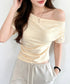 オフショルTシャツ 胸元ドレープトップス レディース ワンショルダーtシャツ サイドギャザー入り半袖カットソー着やせ 夏涼しいタイトTシャツ薄手カットソー 韓国風 2YIKE-014