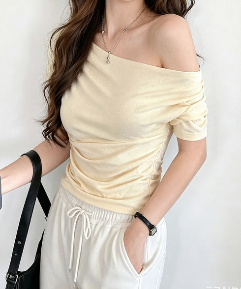 オフショルTシャツ 胸元ドレープトップス レディース ワンショルダーtシャツ サイドギャザー入り半袖カットソー着やせ 夏涼しいタイトTシャツ薄手カットソー 韓国風 2YIKE-014