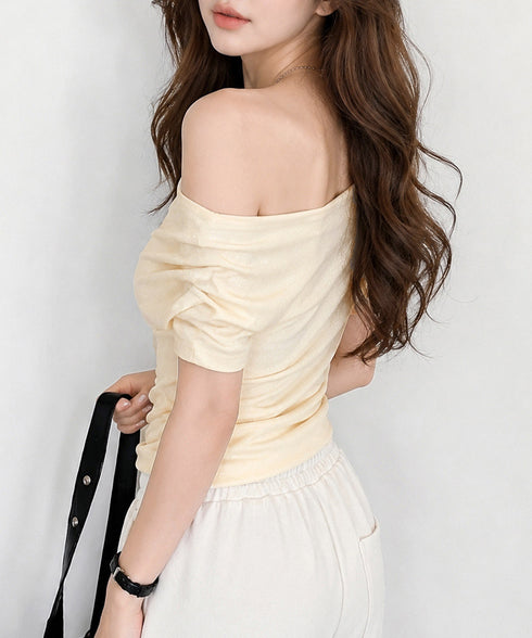 オフショルTシャツ 胸元ドレープトップス レディース ワンショルダーtシャツ サイドギャザー入り半袖カットソー着やせ 夏涼しいタイトTシャツ薄手カットソー 韓国風 2YIKE-014