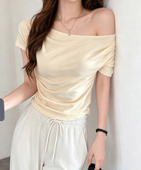 オフショルTシャツ 胸元ドレープトップス レディース ワンショルダーtシャツ サイドギャザー入り半袖カットソー着やせ 夏涼しいタイトTシャツ薄手カットソー 韓国風 2YIKE-014