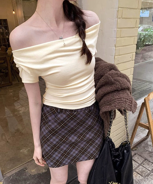 オフショルTシャツ 胸元ドレープトップス レディース ワンショルダーtシャツ サイドギャザー入り半袖カットソー着やせ 夏涼しいタイトTシャツ薄手カットソー 韓国風 2YIKE-014