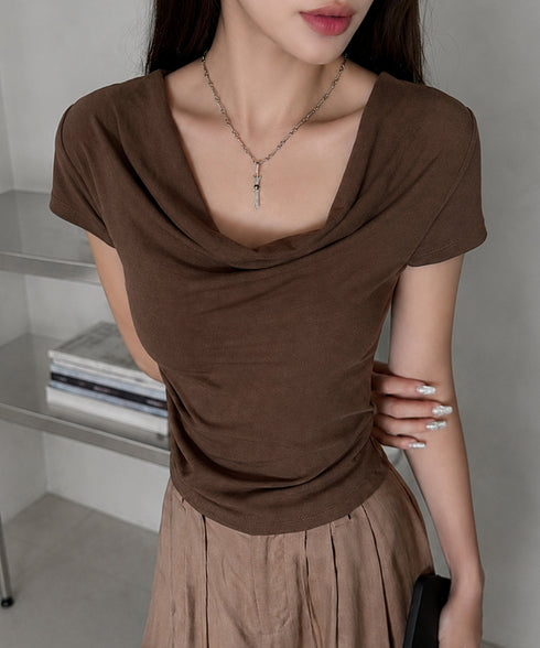 オフショルTシャツ 胸元ドレープトップス レディース ワンショルダーtシャツ サイドギャザー入り半袖カットソー着やせ 夏涼しいタイトTシャツ薄手カットソー 韓国風 2YIKE-014