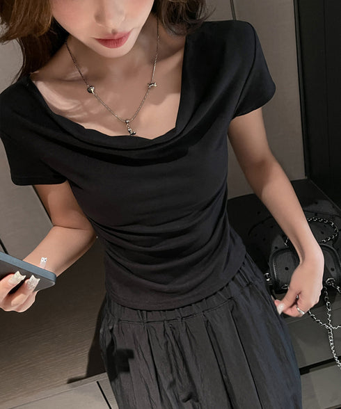 オフショルTシャツ 胸元ドレープトップス レディース ワンショルダーtシャツ サイドギャザー入り半袖カットソー着やせ 夏涼しいタイトTシャツ薄手カットソー 韓国風 2YIKE-014