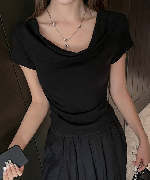 オフショルTシャツ 胸元ドレープトップス レディース ワンショルダーtシャツ サイドギャザー入り半袖カットソー着やせ 夏涼しいタイトTシャツ薄手カットソー 韓国風 2YIKE-014