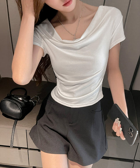 オフショルTシャツ 胸元ドレープトップス レディース ワンショルダーtシャツ サイドギャザー入り半袖カットソー着やせ 夏涼しいタイトTシャツ薄手カットソー 韓国風 2YIKE-014