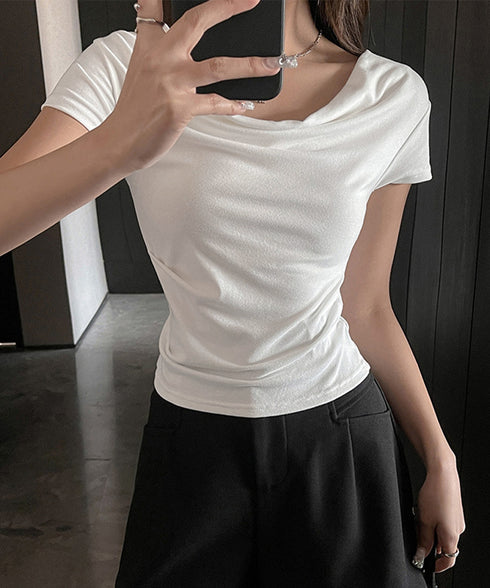 オフショルTシャツ 胸元ドレープトップス レディース ワンショルダーtシャツ サイドギャザー入り半袖カットソー着やせ 夏涼しいタイトTシャツ薄手カットソー 韓国風 2YIKE-014