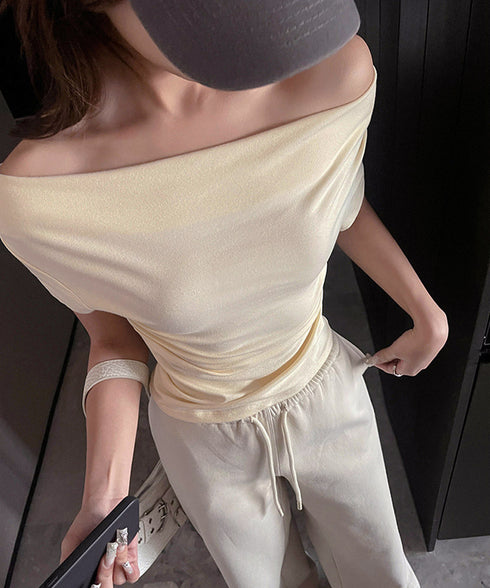 オフショルTシャツ 胸元ドレープトップス レディース ワンショルダーtシャツ サイドギャザー入り半袖カットソー着やせ 夏涼しいタイトTシャツ薄手カットソー 韓国風 2YIKE-014