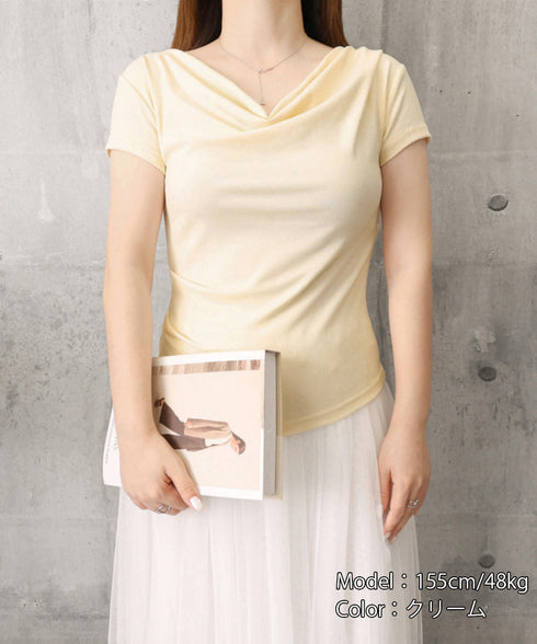 オフショルTシャツ 胸元ドレープトップス レディース ワンショルダーtシャツ サイドギャザー入り半袖カットソー着やせ 夏涼しいタイトTシャツ薄手カットソー 韓国風 2YIKE-014