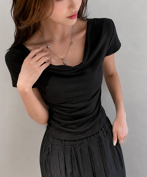 オフショルTシャツ 胸元ドレープトップス レディース ワンショルダーtシャツ サイドギャザー入り半袖カットソー着やせ 夏涼しいタイトTシャツ薄手カットソー 韓国風 2YIKE-014