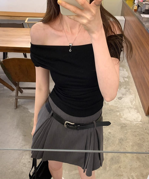 オフショルTシャツ 胸元ドレープトップス レディース ワンショルダーtシャツ サイドギャザー入り半袖カットソー着やせ 夏涼しいタイトTシャツ薄手カットソー 韓国風 2YIKE-014