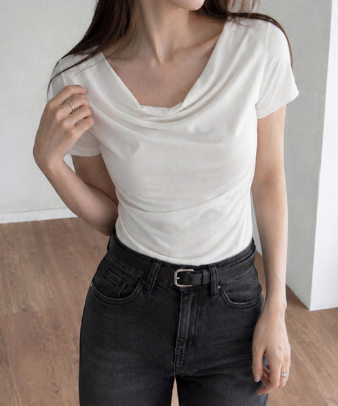 オフショルTシャツ 胸元ドレープトップス レディース ワンショルダーtシャツ サイドギャザー入り半袖カットソー着やせ 夏涼しいタイトTシャツ薄手カットソー 韓国風 2YIKE-014