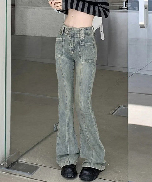 セミフレアデニムパンツ ヴィンテージ風 ジーパン レディース ハイウエストジーンズ ストレッチ お洒落 レトロアメカジパンツ カジュアル 細身ボトムス 美脚脚長 2YILIAN-001