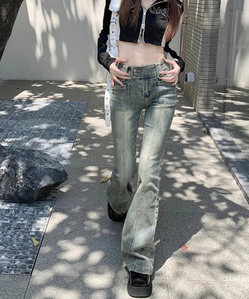 セミフレアデニムパンツ ヴィンテージ風 ジーパン レディース ハイウエストジーンズ ストレッチ お洒落 レトロアメカジパンツ カジュアル 細身ボトムス 美脚脚長 2YILIAN-001
