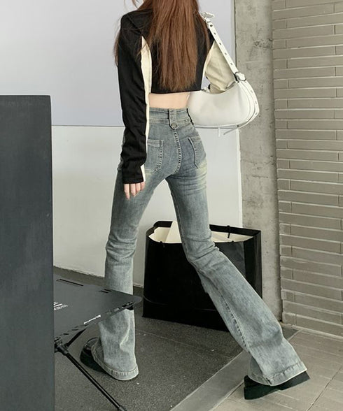 セミフレアデニムパンツ ヴィンテージ風 ジーパン レディース ハイウエストジーンズ ストレッチ お洒落 レトロアメカジパンツ カジュアル 細身ボトムス 美脚脚長 2YILIAN-001