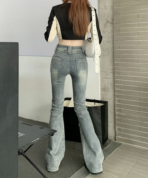 セミフレアデニムパンツ ヴィンテージ風 ジーパン レディース ハイウエストジーンズ ストレッチ お洒落 レトロアメカジパンツ カジュアル 細身ボトムス 美脚脚長 2YILIAN-001