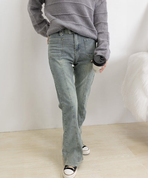 セミフレアデニムパンツ ヴィンテージ風 ジーパン レディース ハイウエストジーンズ ストレッチ お洒落 レトロアメカジパンツ カジュアル 細身ボトムス 美脚脚長 2YILIAN-001