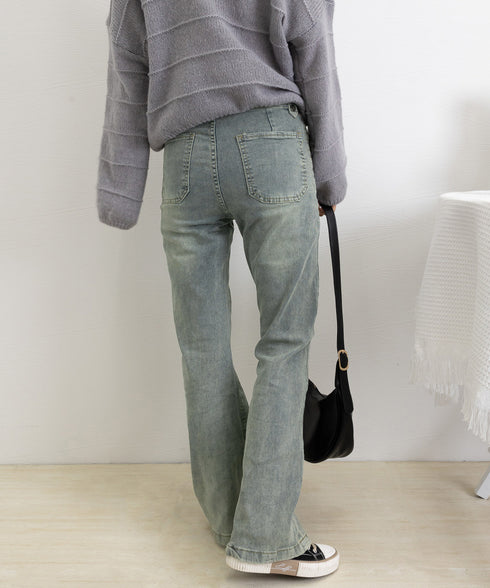 セミフレアデニムパンツ ヴィンテージ風 ジーパン レディース ハイウエストジーンズ ストレッチ お洒落 レトロアメカジパンツ カジュアル 細身ボトムス 美脚脚長 2YILIAN-001