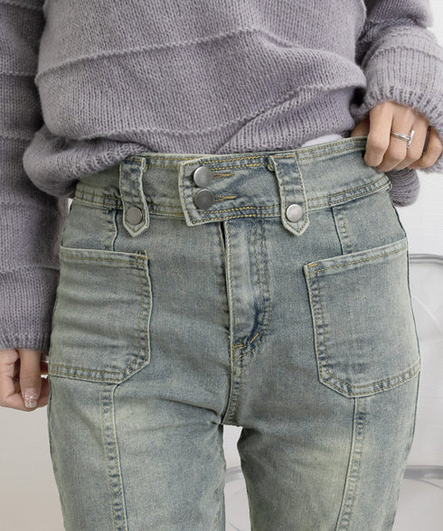 セミフレアデニムパンツ ヴィンテージ風 ジーパン レディース ハイウエストジーンズ ストレッチ お洒落 レトロアメカジパンツ カジュアル 細身ボトムス 美脚脚長 2YILIAN-001