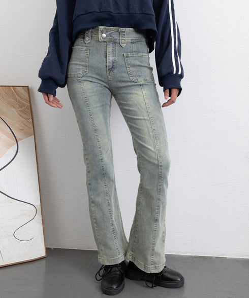 セミフレアデニムパンツ ヴィンテージ風 ジーパン レディース ハイウエストジーンズ ストレッチ お洒落 レトロアメカジパンツ カジュアル 細身ボトムス 美脚脚長 2YILIAN-001