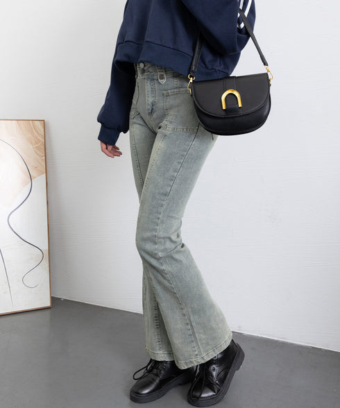 セミフレアデニムパンツ ヴィンテージ風 ジーパン レディース ハイウエストジーンズ ストレッチ お洒落 レトロアメカジパンツ カジュアル 細身ボトムス 美脚脚長 2YILIAN-001