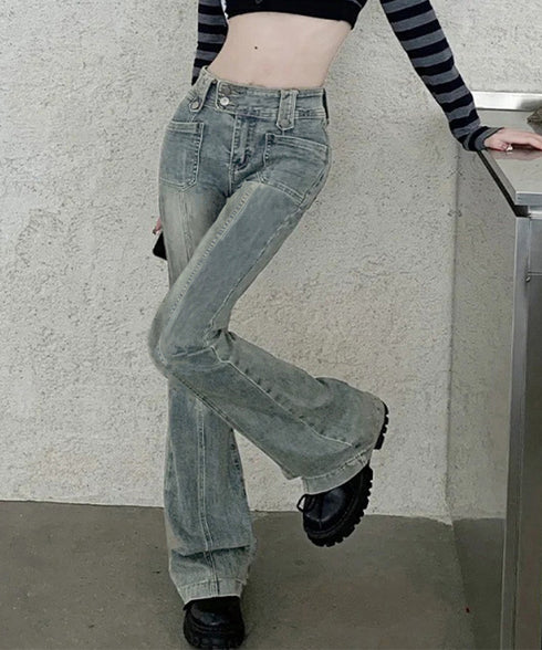 セミフレアデニムパンツ ヴィンテージ風 ジーパン レディース ハイウエストジーンズ ストレッチ お洒落 レトロアメカジパンツ カジュアル 細身ボトムス 美脚脚長 2YILIAN-001