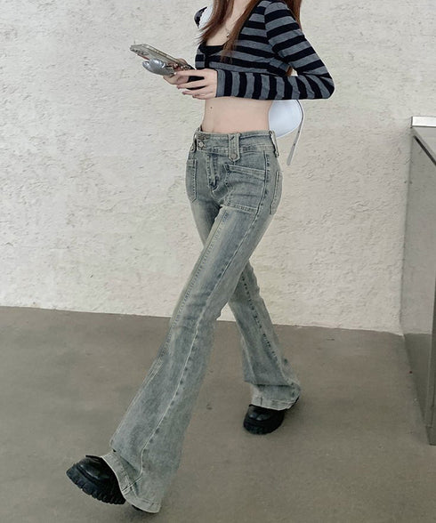 セミフレアデニムパンツ ヴィンテージ風 ジーパン レディース ハイウエストジーンズ ストレッチ お洒落 レトロアメカジパンツ カジュアル 細身ボトムス 美脚脚長 2YILIAN-001