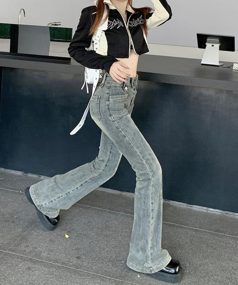 セミフレアデニムパンツ ヴィンテージ風 ジーパン レディース ハイウエストジーンズ ストレッチ お洒落 レトロアメカジパンツ カジュアル 細身ボトムス 美脚脚長 2YILIAN-001