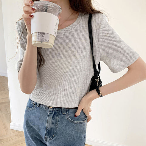 tシャツ レディース半袖ワッフルTシャツ ラウンドネック ベーシックtシャツ 韓国ファッション カットソー シンプル 無地 大人気tシャツ白黒 夏トップスおしゃれ 2YTONG-002