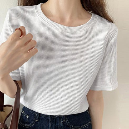 tシャツ レディース半袖ワッフルTシャツ ラウンドネック ベーシックtシャツ 韓国ファッション カットソー シンプル 無地 大人気tシャツ白黒 夏トップスおしゃれ 2YTONG-002