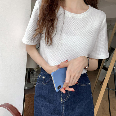 tシャツ レディース半袖ワッフルTシャツ ラウンドネック ベーシックtシャツ 韓国ファッション カットソー シンプル 無地 大人気tシャツ白黒 夏トップスおしゃれ 2YTONG-002