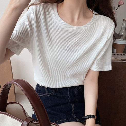 tシャツ レディース半袖ワッフルTシャツ ラウンドネック ベーシックtシャツ 韓国ファッション カットソー シンプル 無地 大人気tシャツ白黒 夏トップスおしゃれ 2YTONG-002