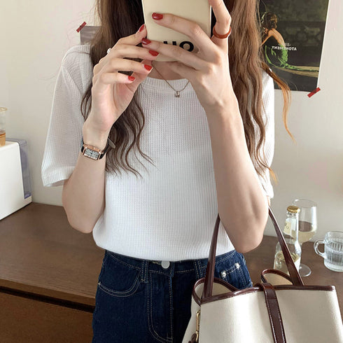 tシャツ レディース半袖ワッフルTシャツ ラウンドネック ベーシックtシャツ 韓国ファッション カットソー シンプル 無地 大人気tシャツ白黒 夏トップスおしゃれ 2YTONG-002