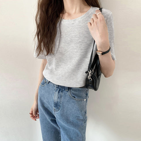 tシャツ レディース半袖ワッフルTシャツ ラウンドネック ベーシックtシャツ 韓国ファッション カットソー シンプル 無地 大人気tシャツ白黒 夏トップスおしゃれ 2YTONG-002