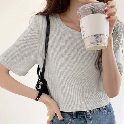 tシャツ レディース半袖ワッフルTシャツ ラウンドネック ベーシックtシャツ 韓国ファッション カットソー シンプル 無地 大人気tシャツ白黒 夏トップスおしゃれ 2YTONG-002