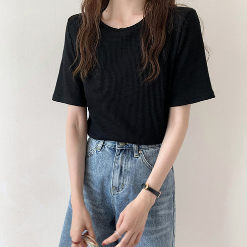 tシャツ レディース半袖ワッフルTシャツ ラウンドネック ベーシックtシャツ 韓国ファッション カットソー シンプル 無地 大人気tシャツ白黒 夏トップスおしゃれ 2YTONG-002