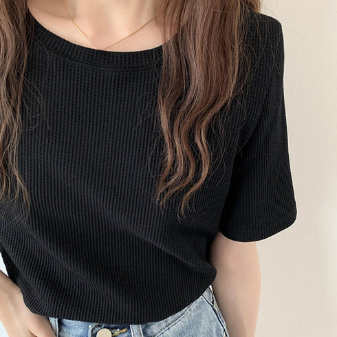 tシャツ レディース半袖ワッフルTシャツ ラウンドネック ベーシックtシャツ 韓国ファッション カットソー シンプル 無地 大人気tシャツ白黒 夏トップスおしゃれ 2YTONG-002
