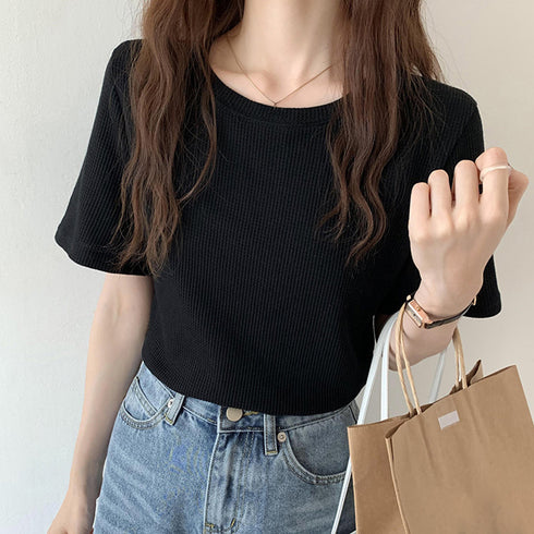 tシャツ レディース半袖ワッフルTシャツ ラウンドネック ベーシックtシャツ 韓国ファッション カットソー シンプル 無地 大人気tシャツ白黒 夏トップスおしゃれ 2YTONG-002