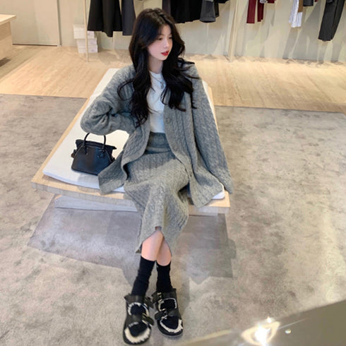 セットアップ レディース 韓国 きれいめ ケーブル編みニット Vネックカーディガン 春秋冬 ウエストゴムスカート ミモレ丈スカート オフィスカジュアル 体型カバー 2YTONG-012