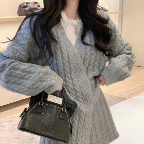 セットアップ レディース 韓国 きれいめ ケーブル編みニット Vネックカーディガン 春秋冬 ウエストゴムスカート ミモレ丈スカート オフィスカジュアル 体型カバー 2YTONG-012