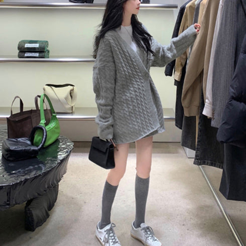 セットアップ レディース 韓国 きれいめ ケーブル編みニット Vネックカーディガン 春秋冬 ウエストゴムスカート ミモレ丈スカート オフィスカジュアル 体型カバー 2YTONG-012