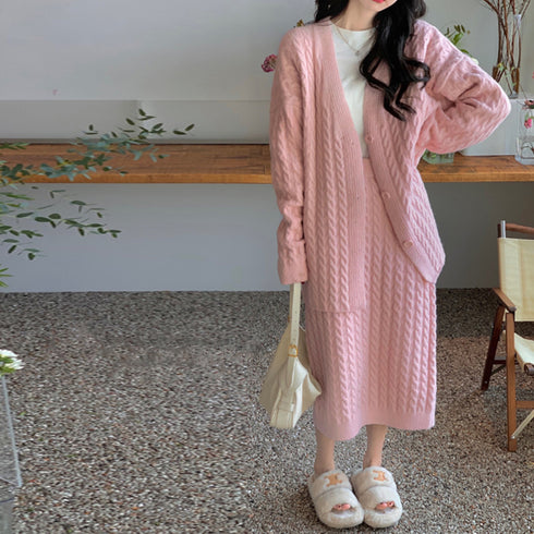 セットアップ レディース 韓国 きれいめ ケーブル編みニット Vネックカーディガン 春秋冬 ウエストゴムスカート ミモレ丈スカート オフィスカジュアル 体型カバー 2YTONG-012