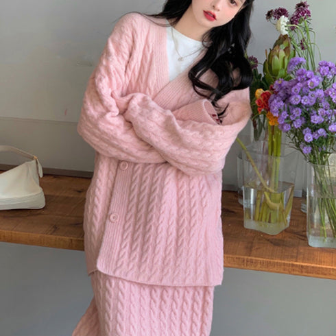 セットアップ レディース 韓国 きれいめ ケーブル編みニット Vネックカーディガン 春秋冬 ウエストゴムスカート ミモレ丈スカート オフィスカジュアル 体型カバー 2YTONG-012