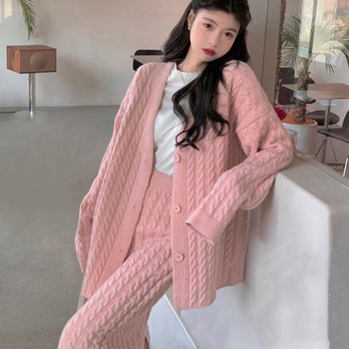 セットアップ レディース 韓国 きれいめ ケーブル編みニット Vネックカーディガン 春秋冬 ウエストゴムスカート ミモレ丈スカート オフィスカジュアル 体型カバー 2YTONG-012