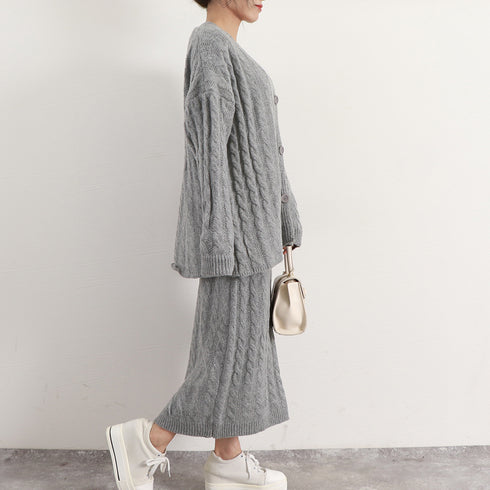 セットアップ レディース 韓国 きれいめ ケーブル編みニット Vネックカーディガン 春秋冬 ウエストゴムスカート ミモレ丈スカート オフィスカジュアル 体型カバー 2YTONG-012