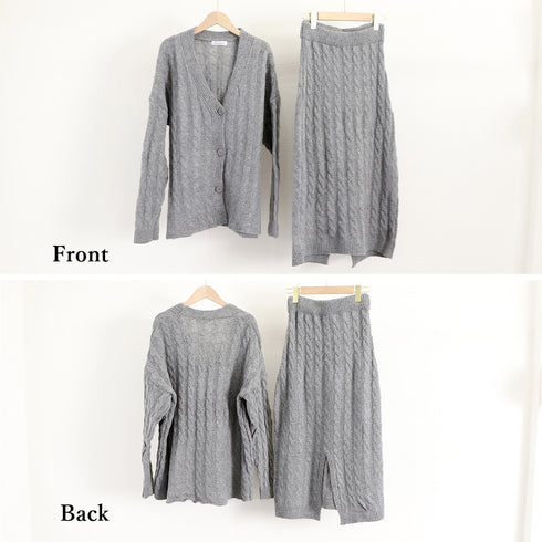 セットアップ レディース 韓国 きれいめ ケーブル編みニット Vネックカーディガン 春秋冬 ウエストゴムスカート ミモレ丈スカート オフィスカジュアル 体型カバー 2YTONG-012