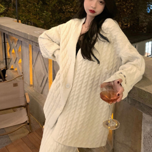 セットアップ レディース 韓国 きれいめ ケーブル編みニット Vネックカーディガン 春秋冬 ウエストゴムスカート ミモレ丈スカート オフィスカジュアル 体型カバー 2YTONG-012