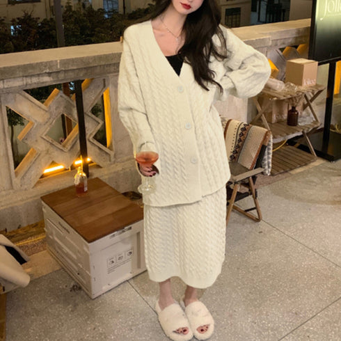 セットアップ レディース 韓国 きれいめ ケーブル編みニット Vネックカーディガン 春秋冬 ウエストゴムスカート ミモレ丈スカート オフィスカジュアル 体型カバー 2YTONG-012