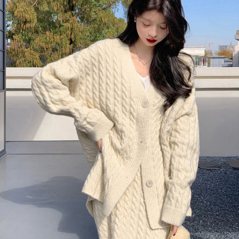 セットアップ レディース 韓国 きれいめ ケーブル編みニット Vネックカーディガン 春秋冬 ウエストゴムスカート ミモレ丈スカート オフィスカジュアル 体型カバー 2YTONG-012